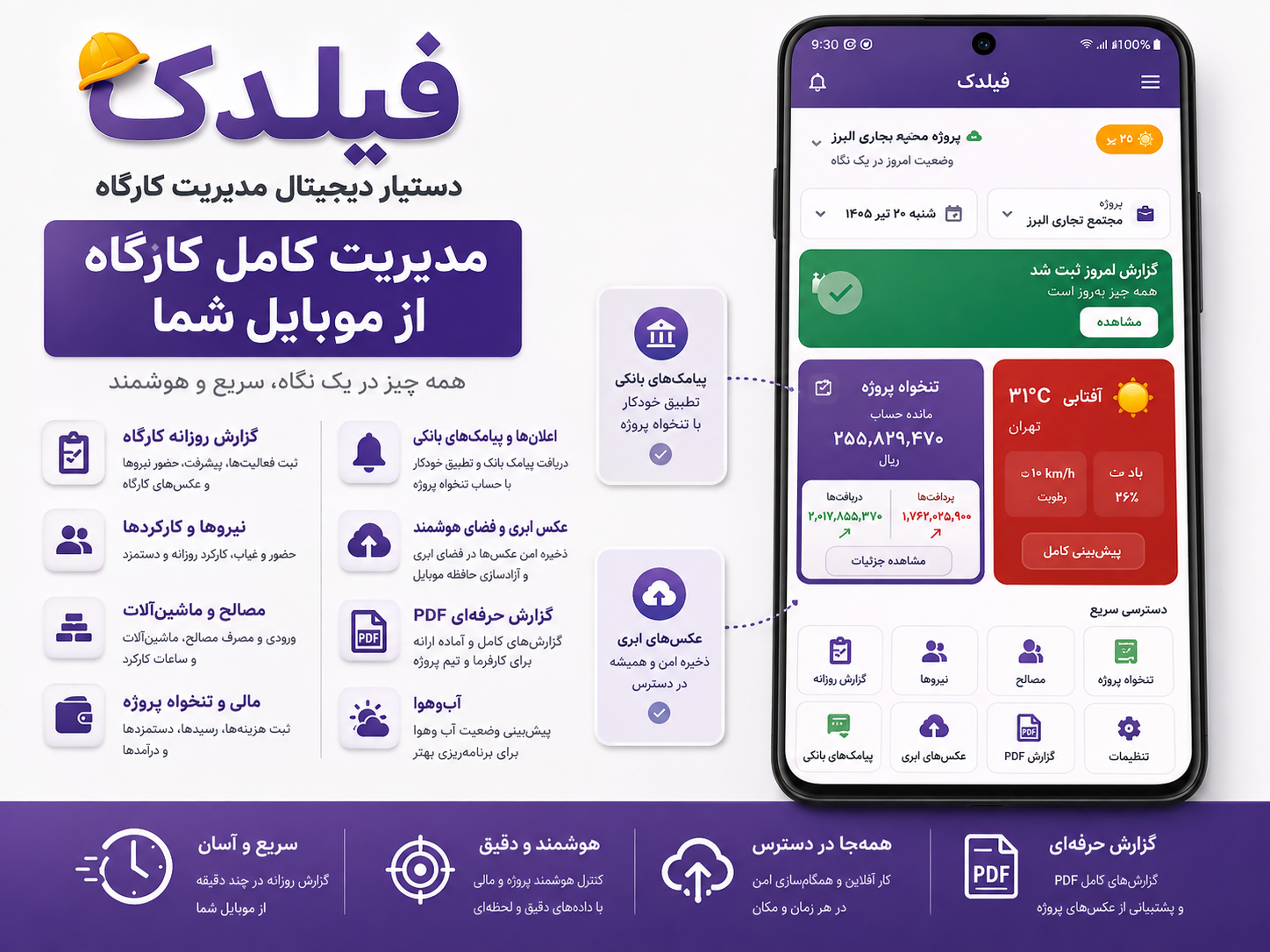 معرفی قابلیت‌های فیلدک شامل گزارش روزانه، مالی و تنخواه، پیام‌های بانکی، عکس ابری و گزارش PDF